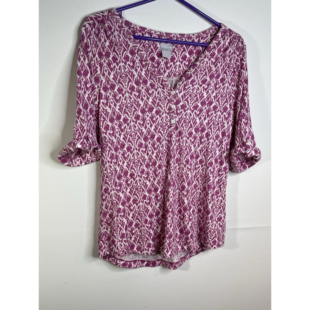Chico's Women’s Blouse Ikat Damask Purple & White 3/4 Sleeves Sz 0 S